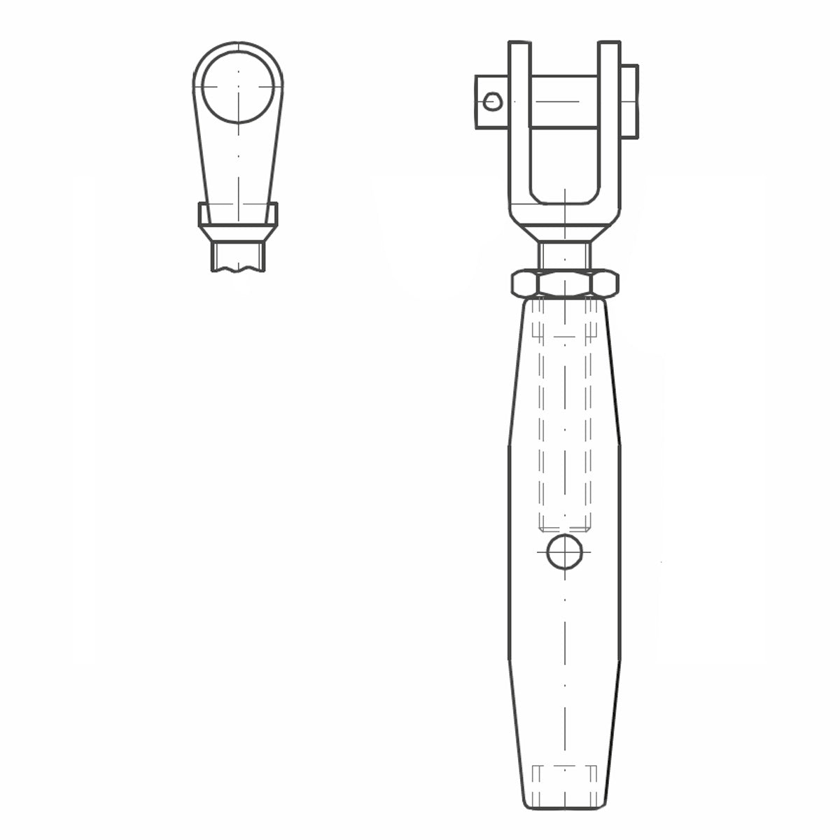 ASS - Nerezový napinák s jednou vidlicou - MINI - voľný koniec má pravý závit