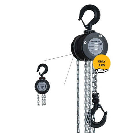 Ručný hliníkový kladkostroj DELTA ALUM, 250 a 500kg, štandardný zdvih 3m a 6m